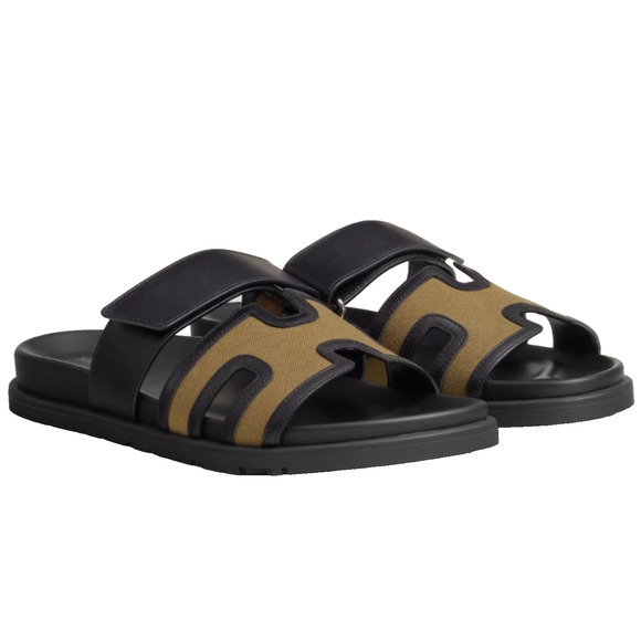 Hermes Chypre Sandal Mens Black Olive Green Canvas Cargo H Logo Slide Flat 45 12 - Picture 1 of 16